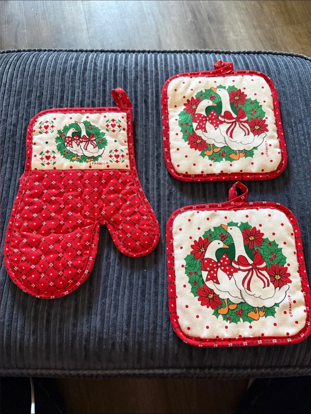 Vintage Holiday Goose Oven Mitt and Pot Holders - Red